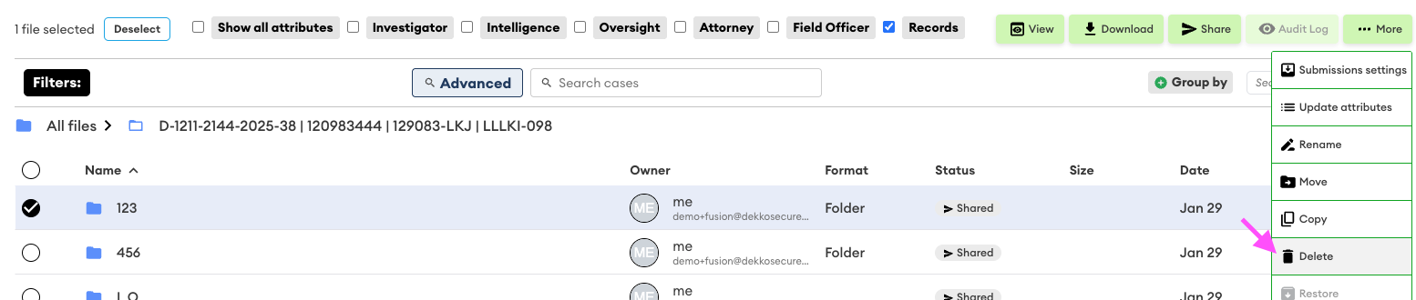 Interface showing a file list with the Records attribute selected and the More dropdown open, with the Delete option highlighted by a pink arrow.