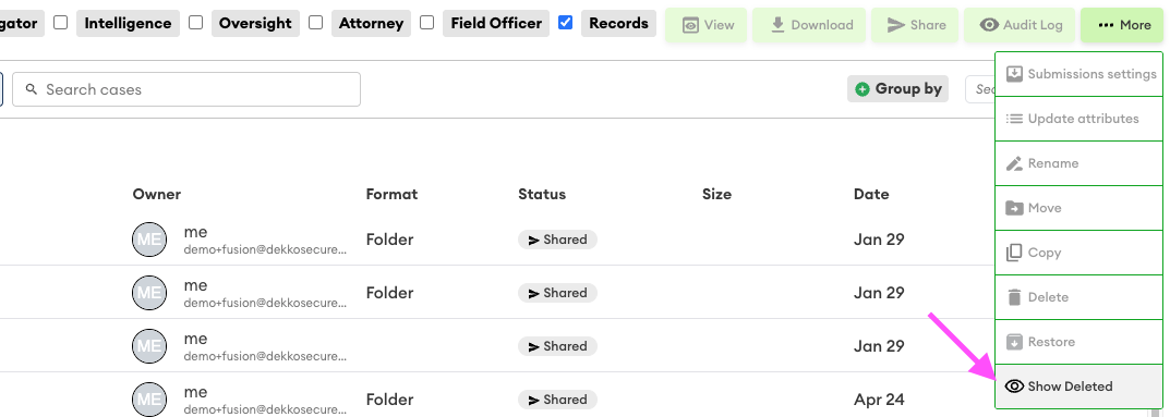 Dropdown open from the More button showing the Show Deleted option highlighted with a pink arrow pointing to it