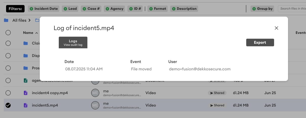 Audit log dialog for incident5.mp4 showing a "File moved" event on 08.07.2025 at 11:04 AM by demo+fusion@dekkosecure.com, with an Export button.