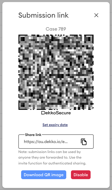 Submission link dialog for Case 789 showing the QR code, the share link field, Set expiry date link, and Download QR image and Disable buttons.