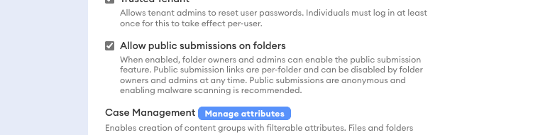 Tenancy Manager settings showing the checked "Allow public submissions on folders" checkbox, which must be enabled before creating a Public Submission folder.