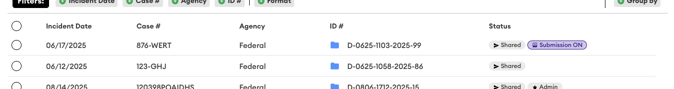 Table of evidence rows with Status column showing a purple "Submission ON" tag next to "Shared" on the first row, which readers click to open settings.