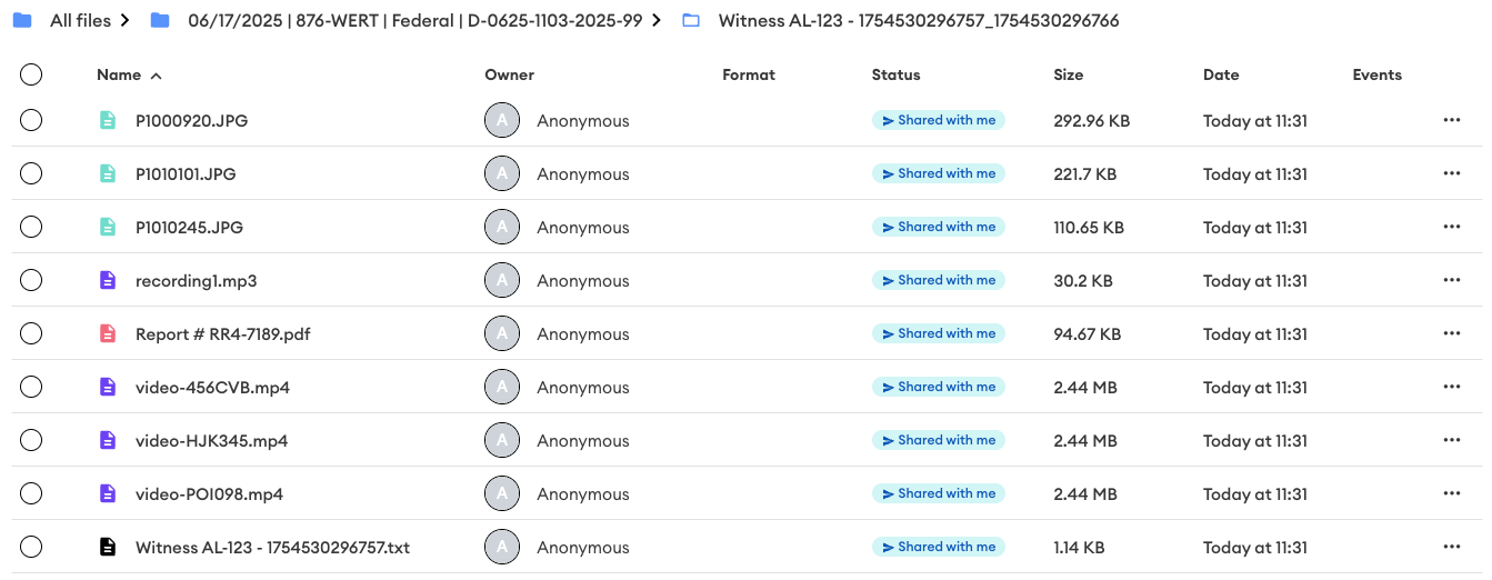 File list in a submission sub-folder showing photos, audio, video, a PDF report and a "Witness AL-123" text file, all shared with me.