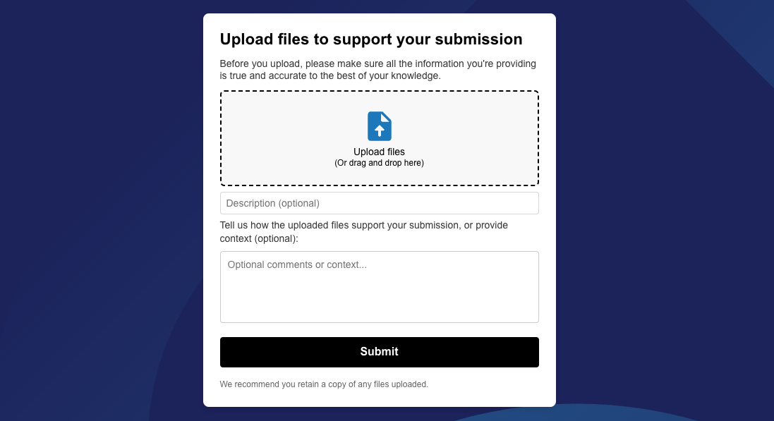 Public submission upload page showing the "Upload files" drag-and-drop area, optional description and comments fields, and the Submit button.