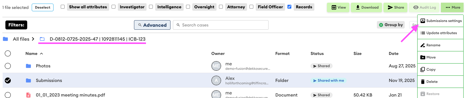 File browser showing a selected "Submissions" folder inside a case, with the More menu open and the "Submission settings" option highlighted.