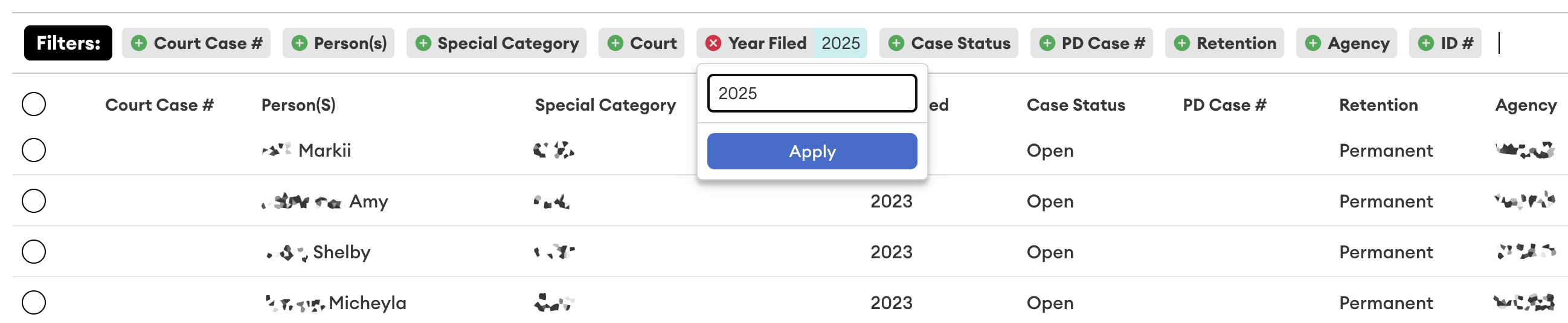 Filter bar with a red (×) on the active "Year Filed 2025" filter, whose open popup shows a 2025 entry box and Apply button.