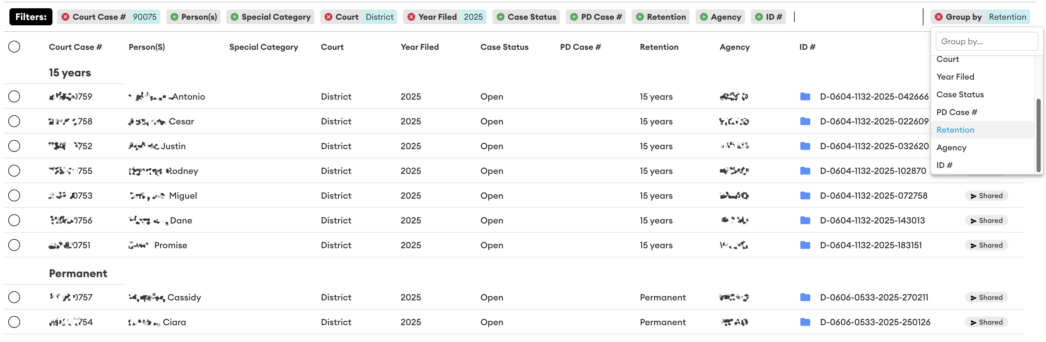 Case browser showing filters Court Case # 90075, Court District, and Year Filed 2025, with results grouped by Retention and the Group by menu open.