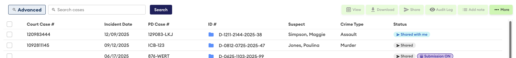Case list showing the Advanced button, Search cases box and Search button above columns for Court Case #, Incident Date, PD Case #, ID #, Suspect, Crime Type and Status.