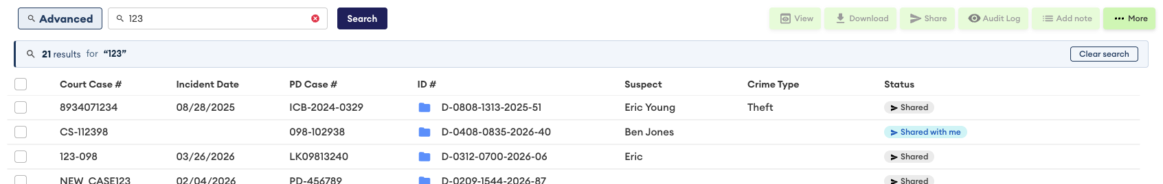 Search results for "123" showing 21 matches in a case table with columns for Court Case #, Incident Date, PD Case #, ID #, Suspect, Crime Type and Status.