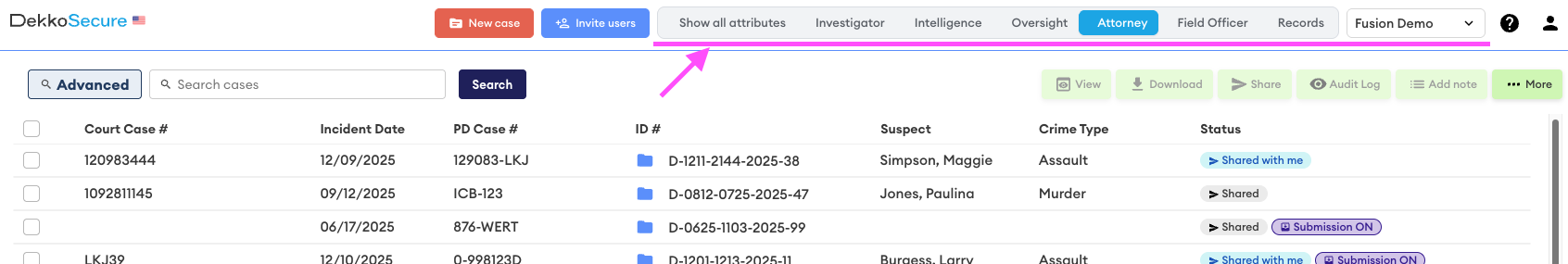 Web interface showing the view profile tabs (Show all attributes, Investigator, Intelligence, Oversight, Attorney, Field Officer, Records) with Attorney selected, above the case list.