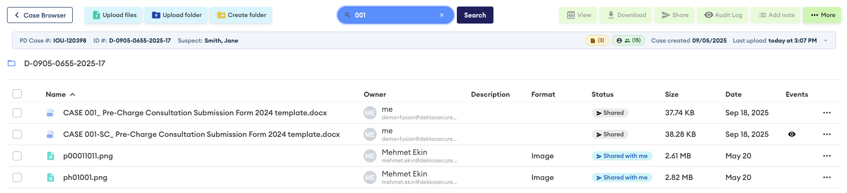 Case Browser search box set to "001", with matching file names listed in the case folder below