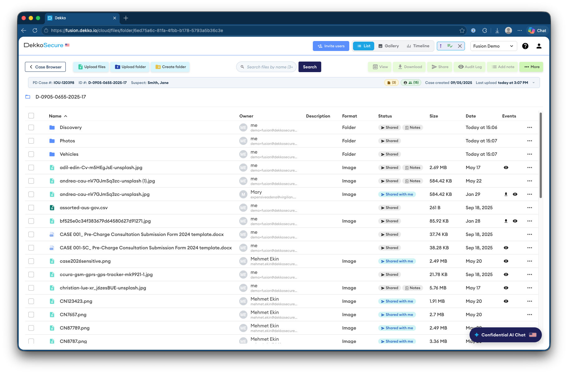 Dekko list view of the case folder D-0905-0655-2025-17, showing folders, image and document files with owner, status, size, date and event columns.