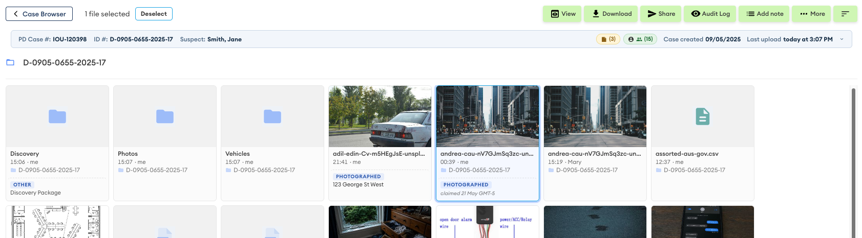 Gallery view of case D-0905-0655-2025-17 with one file selected, showing folders, photos, a CSV file and action buttons such as View, Download and Share.