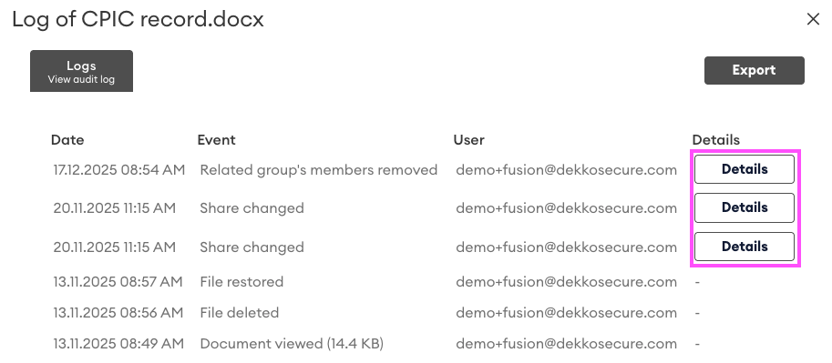 Log of CPIC record.docx audit log showing three Details buttons highlighted beside Share changed and related events
