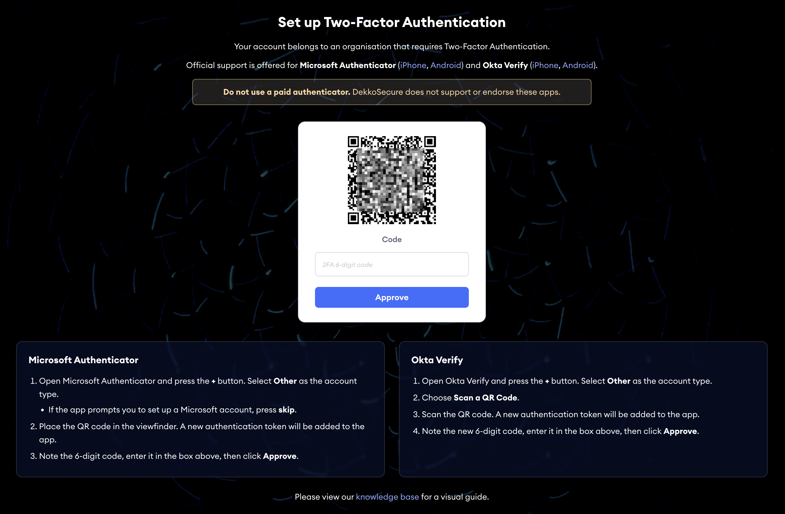 Two-factor setup page showing a QR code, a "2FA 6-digit code" entry box and an Approve button, with setup steps for Microsoft Authenticator and Okta Verify.