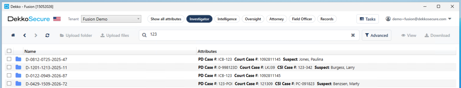 Dekko Fusion case browser with the search bar set to "123", showing four matching folders whose attributes contain 123 in PD, court or CSI case numbers.