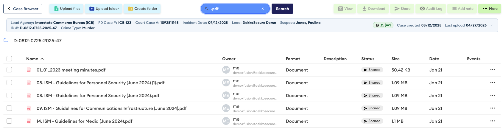Case file search results for ".pdf" within case D-0812-0725-2025-47, listing five PDF documents in the list view.