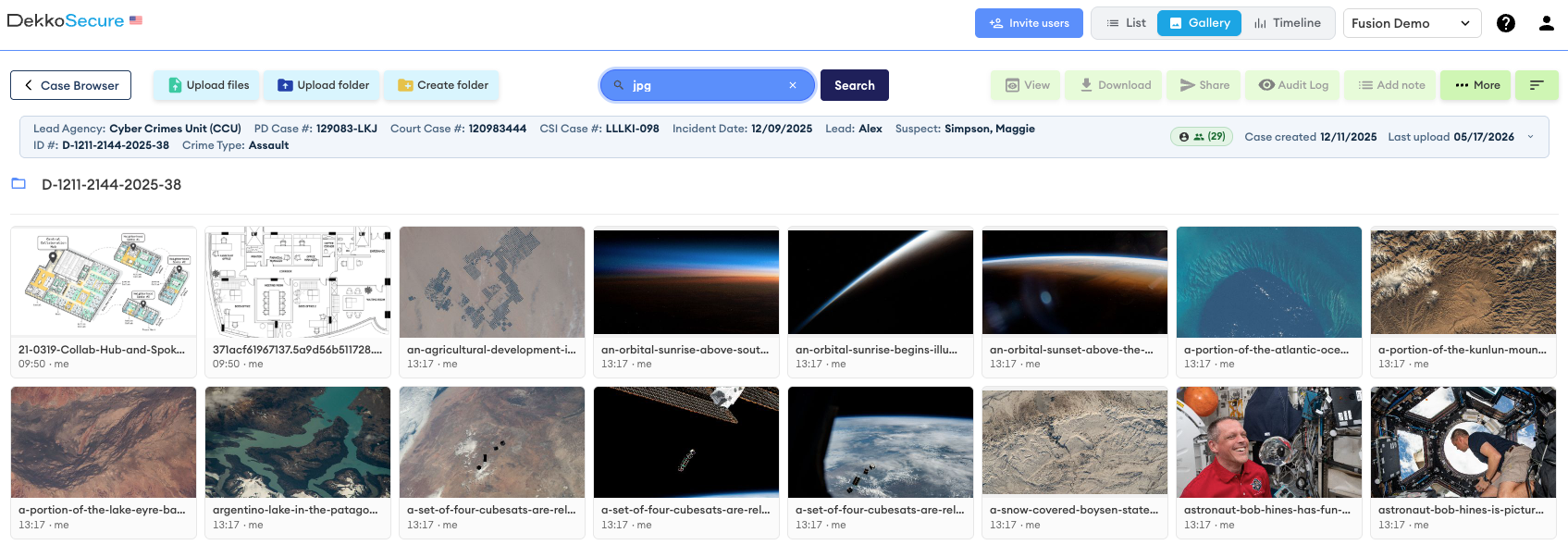 Gallery view in DekkoSecure showing search results for "jpg" within case D-1211-2144-2025-38, with thumbnails, file names, and upload times.