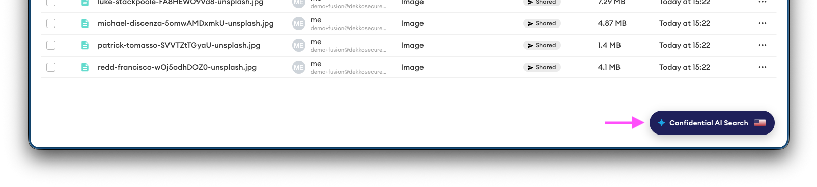 DekkoSecure file list with a dark "Confidential AI Search" button in the bottom right, highlighted by a pink arrow.