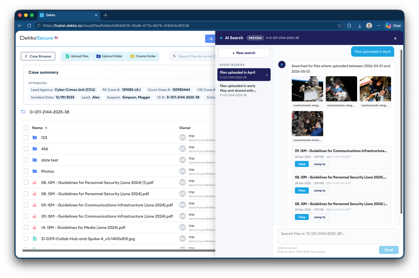 AI Search panel in DekkoSecure showing the query "files uploaded in April" returning four space-station photos, with saved queries listed at left.