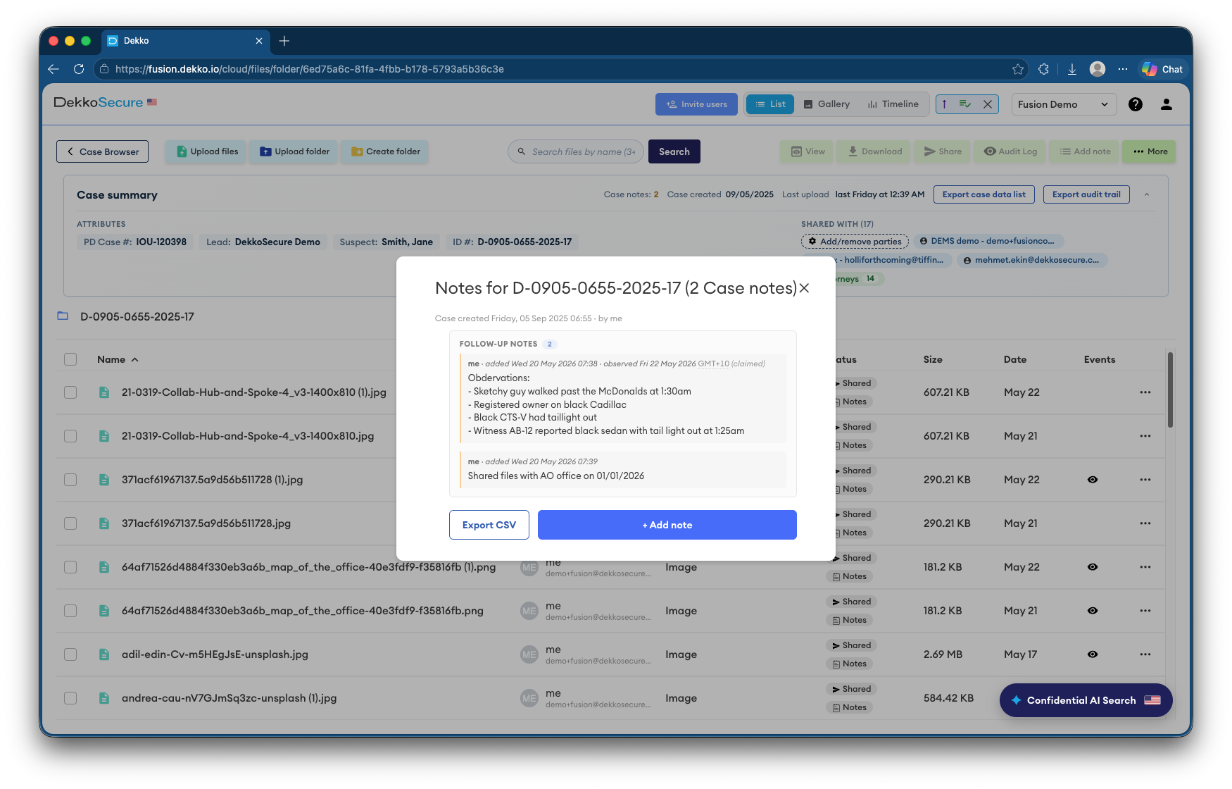 Dekko case notes dialog listing two follow-up notes for case D-0905-0655-2025-17, with Export CSV and + Add note buttons.