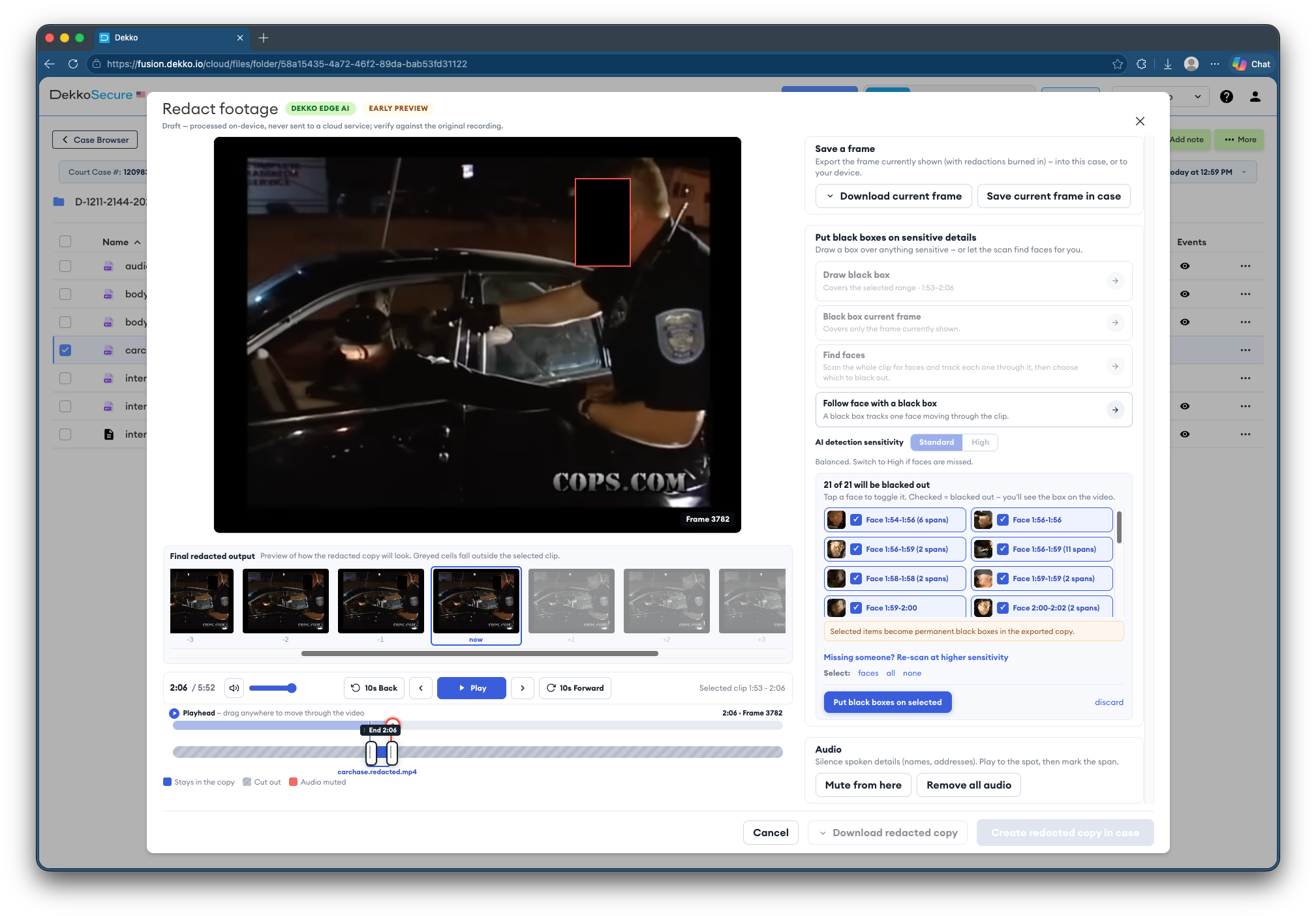 Dekko video redaction dialog showing a police dashcam still with a black box over a face, a timeline with a selected clip, and face-detection options to blackout.