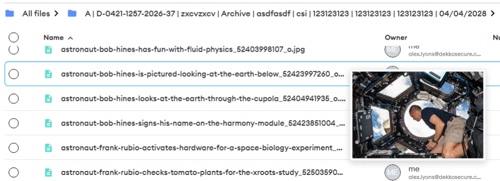 List view with a hover thumbnail preview of an astronaut photo displ