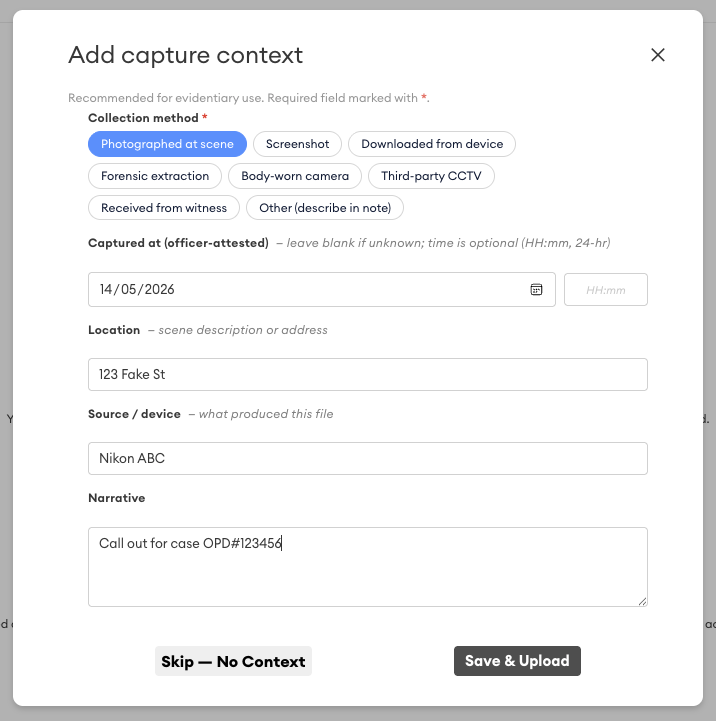 Dialog titled "Add capture context" showing collection method options, date and time fields, location, source/device, narrative, and Save & Upload button