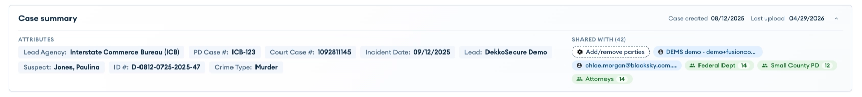 Case summary panel showing attributes (Lead Agency, PD Case #, Court Case #, Incident Date, Lead, Suspect, ID #, Crime Type), the Shared With list, and created and last upload dates.