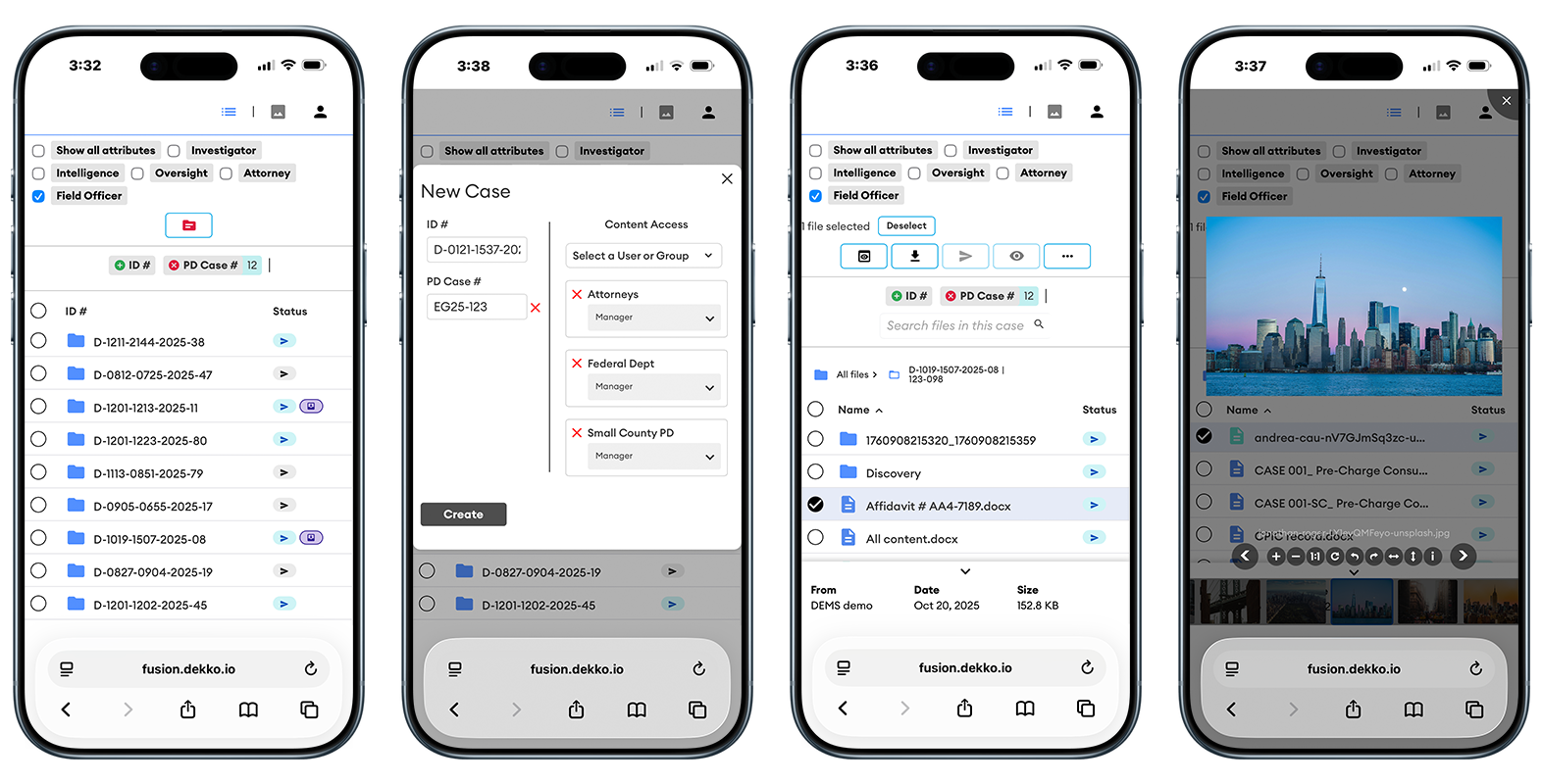 Four phone screens of the mobile case browser at fusion.dekko.io: a filtered list of cases, the New Case dialog with content access settings, a case's file list with a file selected, and an image prev