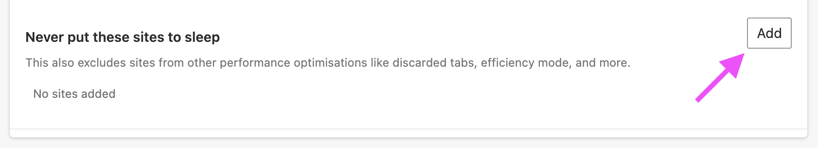 Edge performance settings showing the "Never put these sites to sleep" section with no sites added and the "Add" button highlighted by an arrow